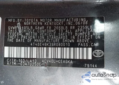 2009 Toyota Camry Xle z USA, uszkodzony, nr VIN 4T4BE46K39R080010